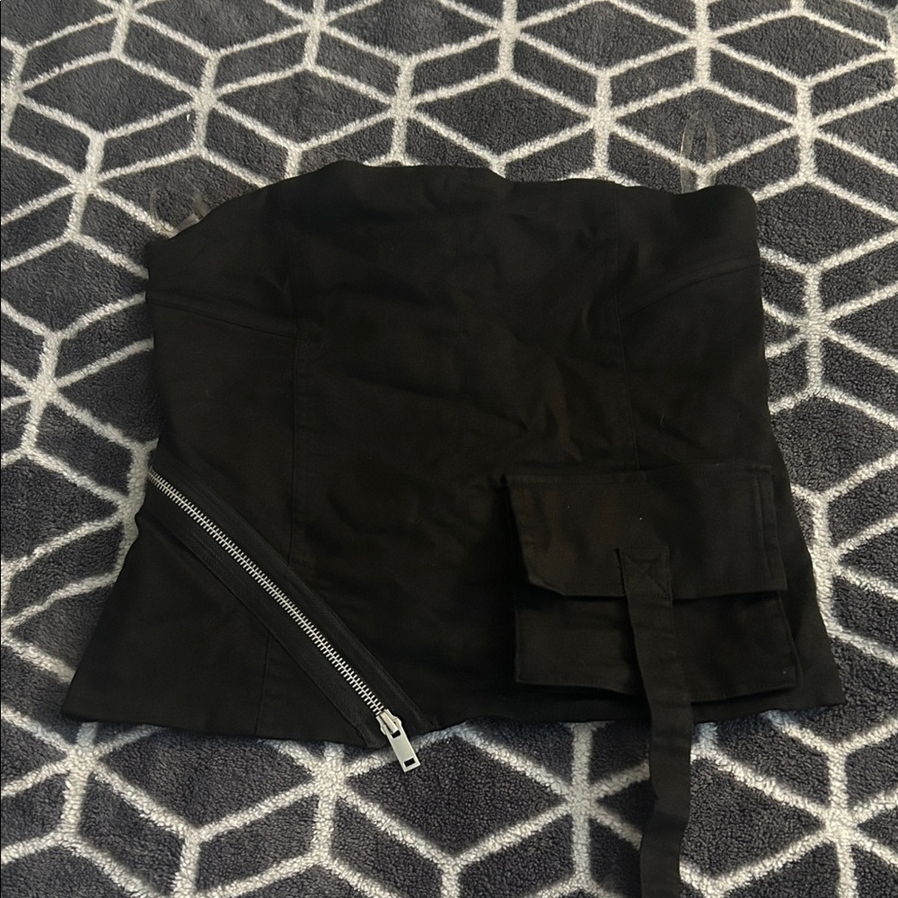 Black Strapless Corset Top with Diagonal Silver Zipper and Utility Pocket